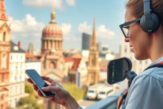 Utazó nő mobiltelefonon keres olcsó eSIM internetet külföldön.