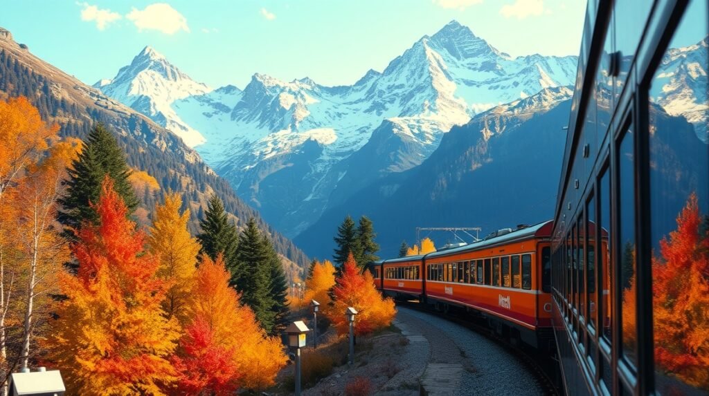 Svájci vonatút az Alpok gyönyörű színeivel az őszi tájon.