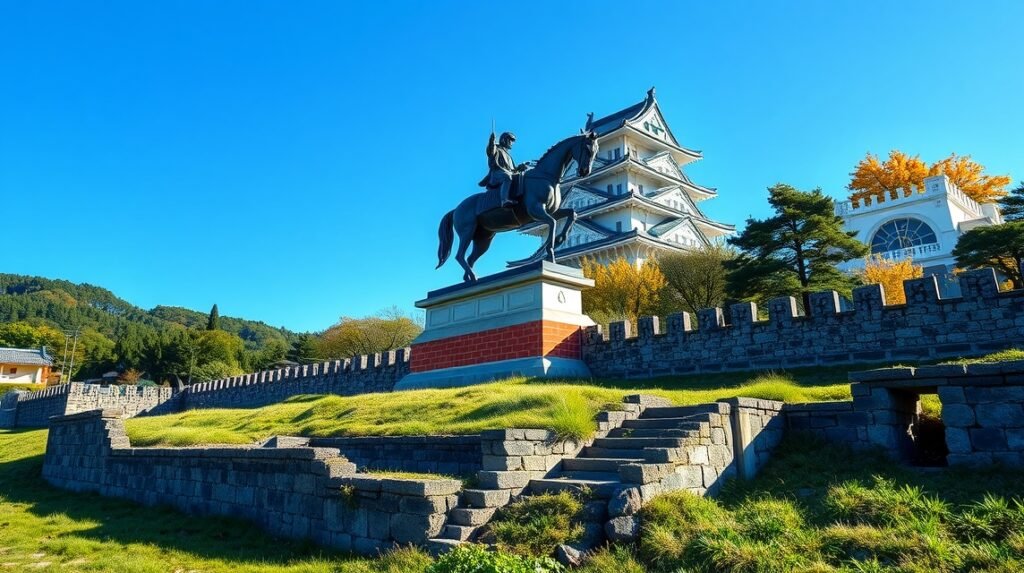 A Szendai vár és Date Masamune lovasszobra a napfényben.