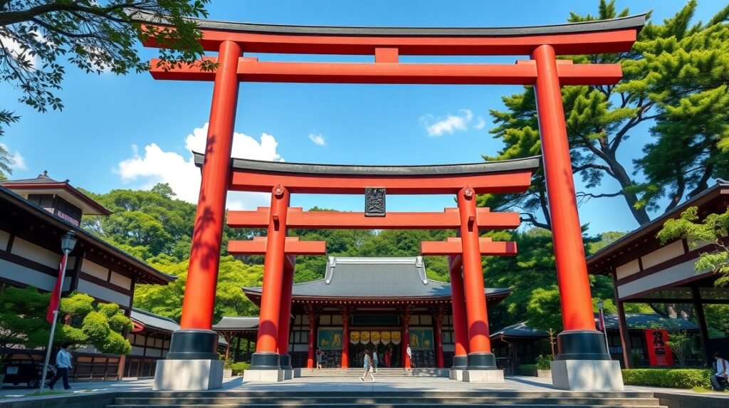 Osaki Hachimangu szentély gyönyörű vörös kapukkal Szendai városában