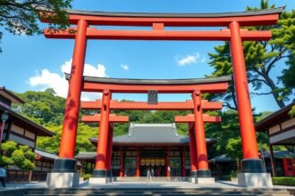 Osaki Hachimangu szentély gyönyörű vörös kapukkal Szendai városában