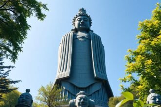 Szendai Daikannon óriásszobor zöld környezetben