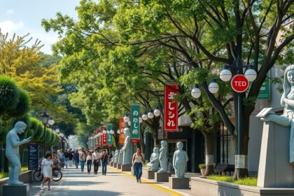 Jozenji-dori sugárút Szendában, modern szobrok és zelkova-fák