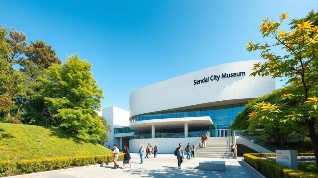 A Szendai Városi Múzeum modern épülete, zöld környezetben.