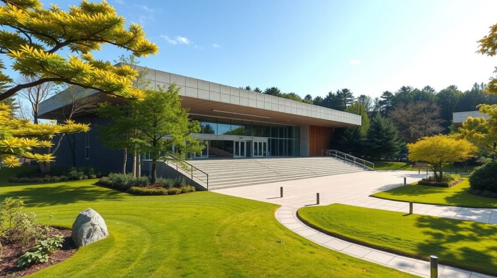 A Miyagi Művészeti Múzeum modern épülete és zöld környezete Sendai városában.