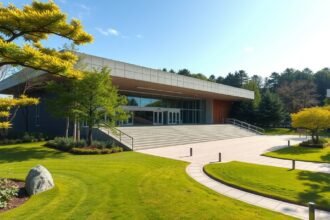 A Miyagi Művészeti Múzeum modern épülete és zöld környezete Sendai városában.