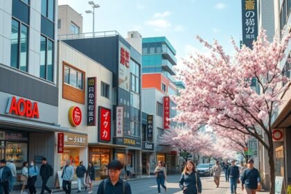 Aoba-dori bevásárlóutca virágzó cseresznye fákkal Sendai városában.