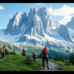 Túrázók a gyönyörű Dolomitokban, hóval borított hegyek mellett.