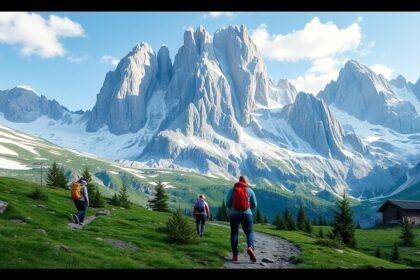Túrázók a gyönyörű Dolomitokban, hóval borított hegyek mellett.
