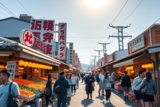 Szendai Asaichi reggeli piac friss termékekkel és árusokkal.