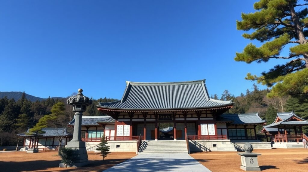 Zuigan-ji zen templom a tiszta kék éggel és fákkal körülvéve