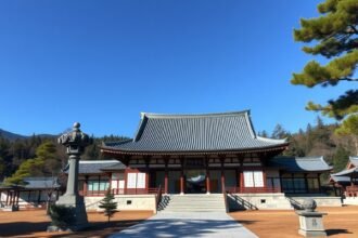 Zuigan-ji zen templom a tiszta kék éggel és fákkal körülvéve