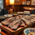 Grillezett marhanyelv és különböző japán ételek Sendai étteremben