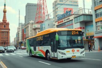 Loople Sendai turistabusz közlekedés közben Japán városában.