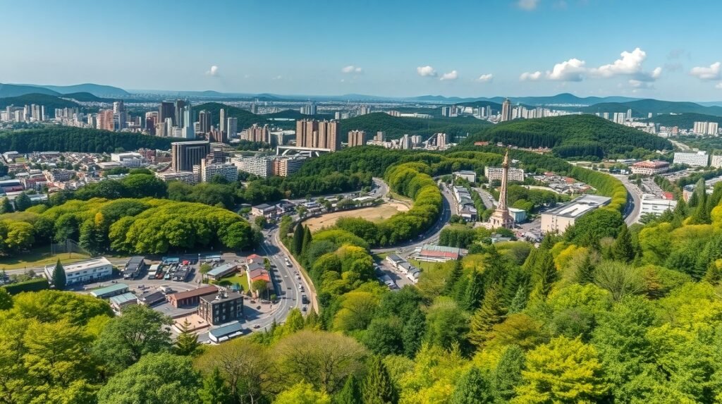 Panoráma Szendai városáról, zöld fák és modern épületek keveredésével.