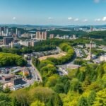 Panoráma Szendai városáról, zöld fák és modern épületek keveredésével.