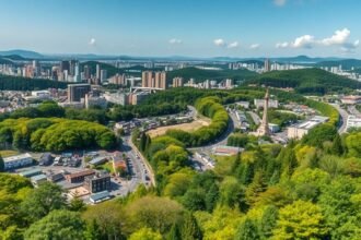 Panoráma Szendai városáról, zöld fák és modern épületek keveredésével.