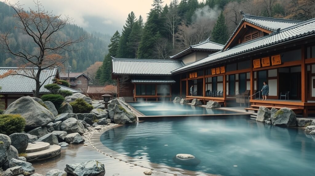 Akiu Onsen hőforrásainál található gyönyörű termálfürdő