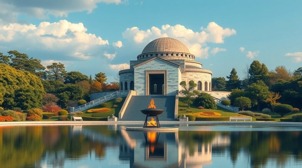 A Béke Emlékpark látképe Hirosimában, a lánggal és a múzeummal.