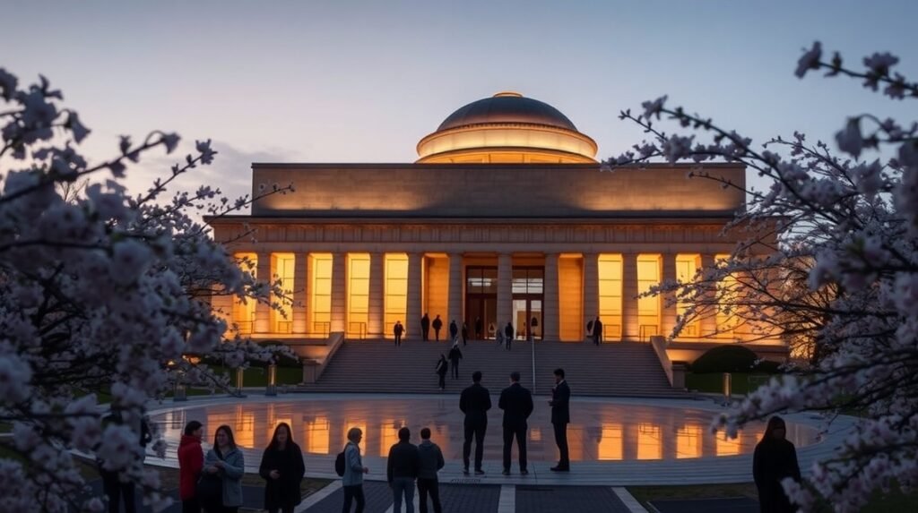 A Hirosimai Béke Emlékmúzeum szürkületben, cseresznyevirágokkal körülvéve.