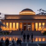 A Hirosimai Béke Emlékmúzeum szürkületben, cseresznyevirágokkal körülvéve.