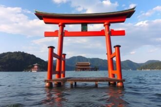 Az Itsukushima szentély úszó torii kapuja Hirosimában