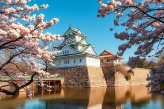 A Hirosimai várkastély, a Pontyvár virágzó cseresznyefákkal körülvéve