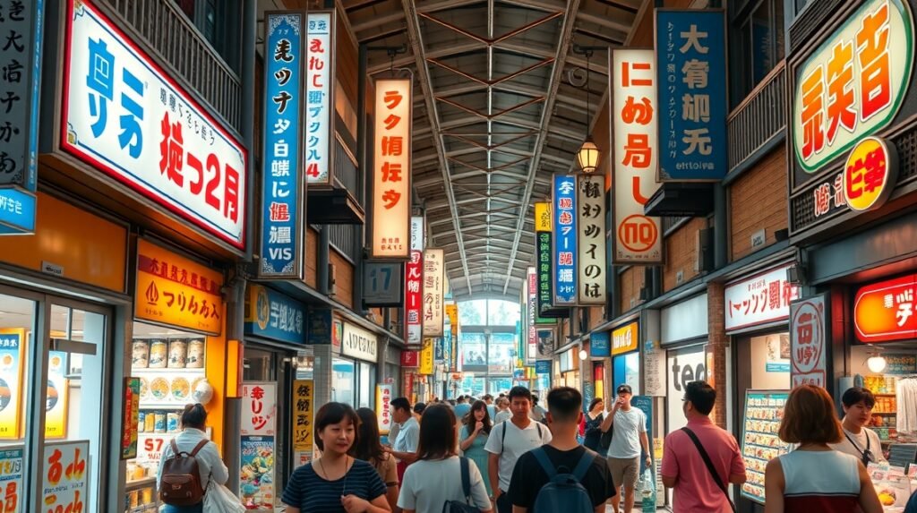 Hondori fedett bevásárlóutca Hirosimában, sok üzlettel és látogatókkal.