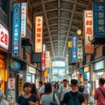 Hondori fedett bevásárlóutca Hirosimában, sok üzlettel és látogatókkal.