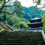 Mitaki-dera templom Hirosimában, hegyoldal és zöld fák között.