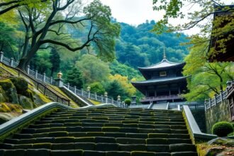 Mitaki-dera templom Hirosimában, hegyoldal és zöld fák között.
