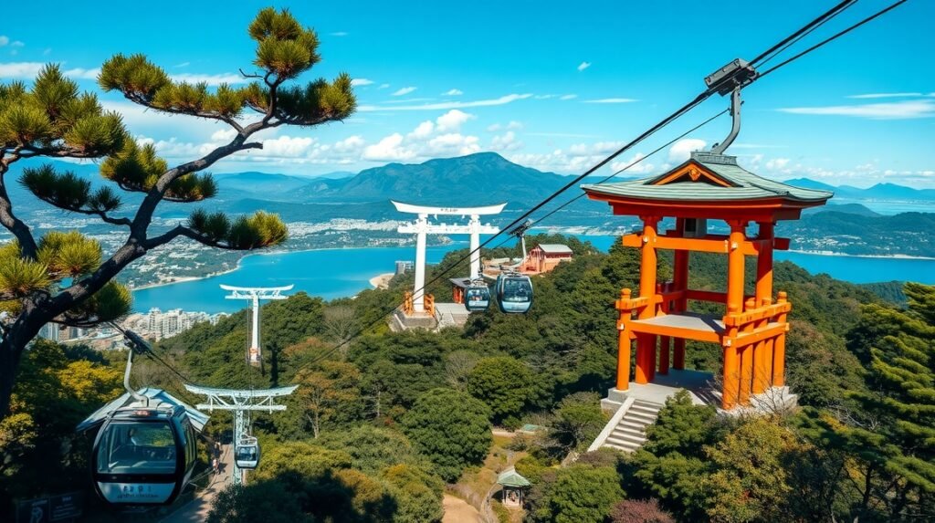 Panoráma a Misen-hegyről, libegővel és a vörös torii-val