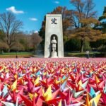 A Gyermekek Békeemlékműve Hirosimában, papírdarukkal körülvéve.