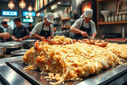 Hirosimai okonomiyaki készítése friss hozzávalókból egy étteremben.