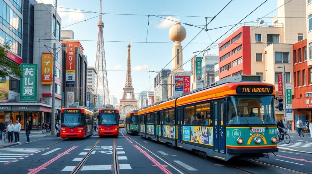 Hiroshima villamosok és városi táj, a Hiroden hálózattal