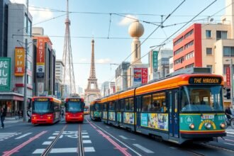 Hiroshima villamosok és városi táj, a Hiroden hálózattal