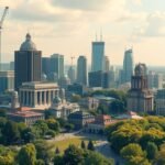 Hirosima város panorámaképe újjáépítéssel és zöld területekkel.