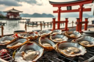 Grillezett osztriga Miyajimán, friss tenger gyümölcsei egyedi ízekkel.