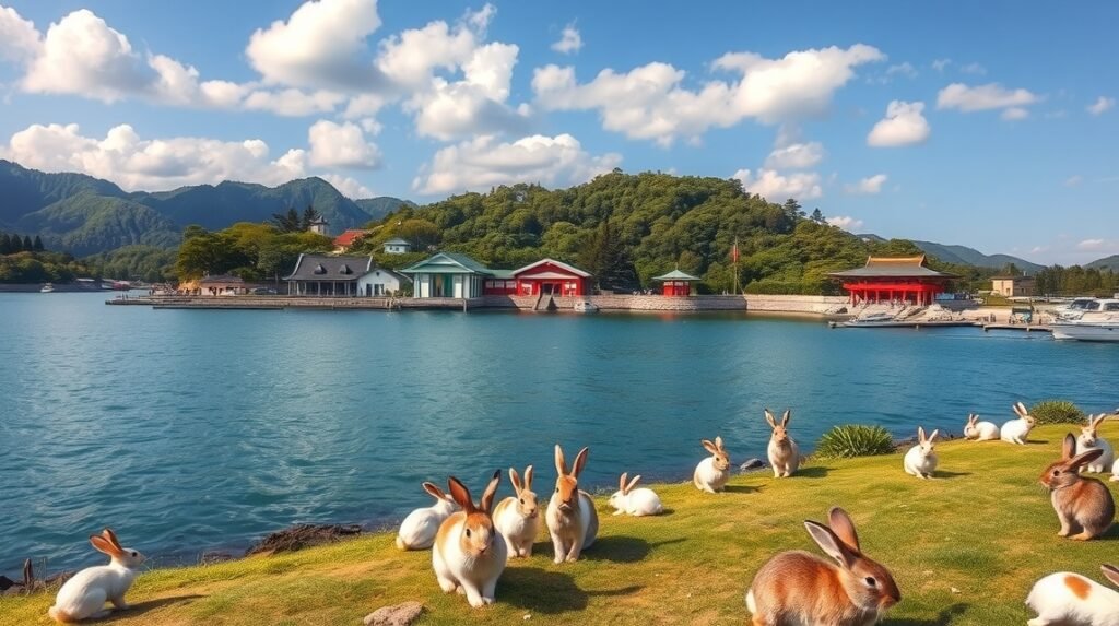 Nyúl-sziget (Okunoshima) gyönyörű tája és nyúl lakói