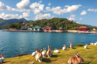 Nyúl-sziget (Okunoshima) gyönyörű tája és nyúl lakói