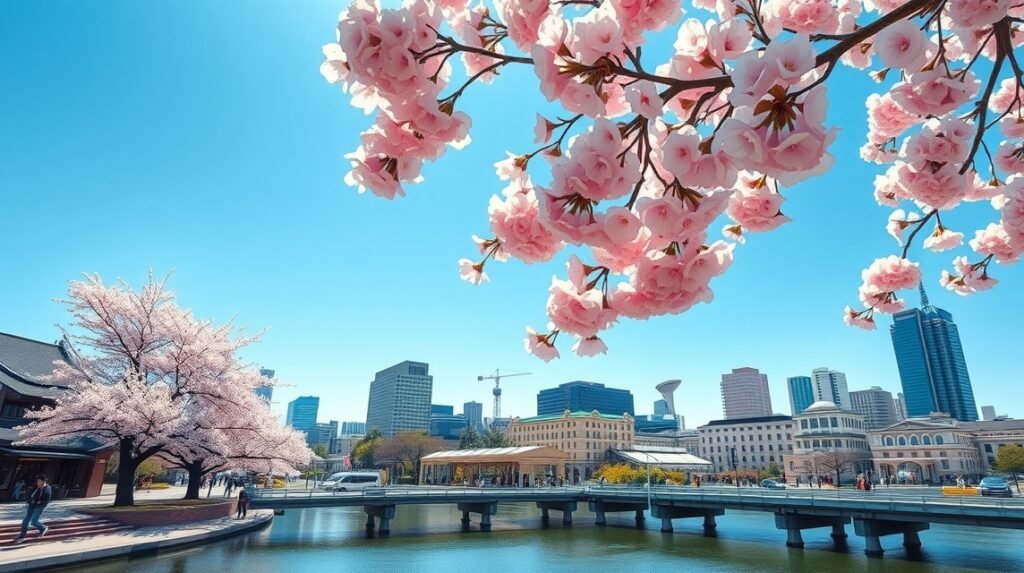 Cseresznyevirágzás Hirosimában, modern város háttérrel.