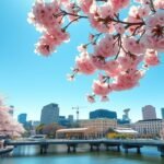 Cseresznyevirágzás Hirosimában, modern város háttérrel.