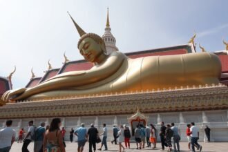 Fekvő Buddha a Wat Pho templomnál Bangkokban, Thaiföldön.
