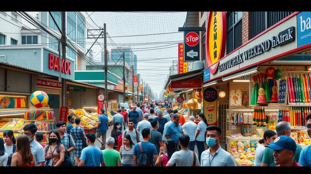 A Chatuchak hétvégi piac nyüzsgő forgataga Bangkokban.
