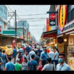 A Chatuchak hétvégi piac nyüzsgő forgataga Bangkokban.