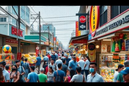 A Chatuchak hétvégi piac nyüzsgő forgataga Bangkokban.