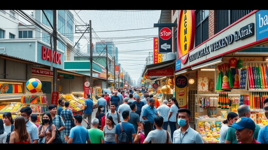 A Chatuchak hétvégi piac nyüzsgő forgataga Bangkokban.