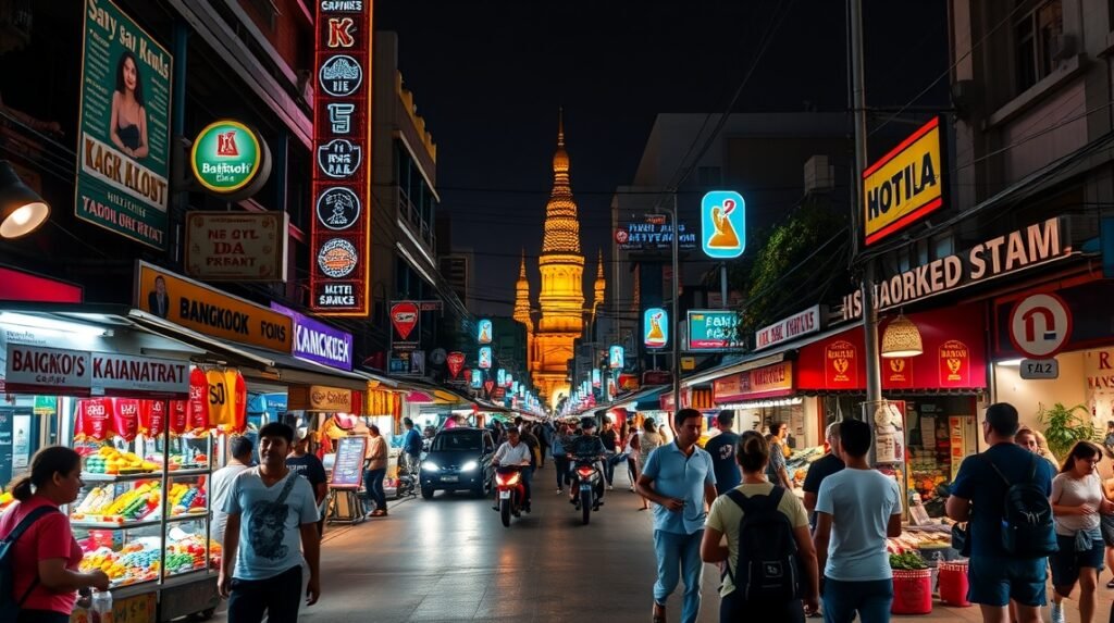 Éjszakai fények a Khao San Roadon Bangkokban, pezsgő élet és utcai éttermek.