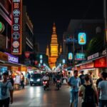 Éjszakai fények a Khao San Roadon Bangkokban, pezsgő élet és utcai éttermek.