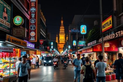Éjszakai fények a Khao San Roadon Bangkokban, pezsgő élet és utcai éttermek.
